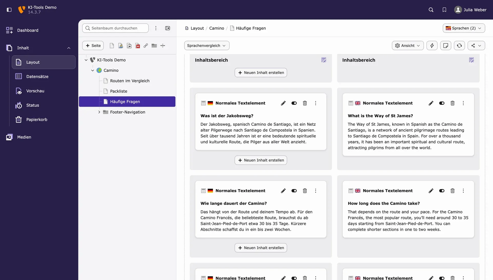 Sprachvergleich in TYPO3 mit deutschen und englischen Textelementen der Seite Häufige Fragen nebeneinander