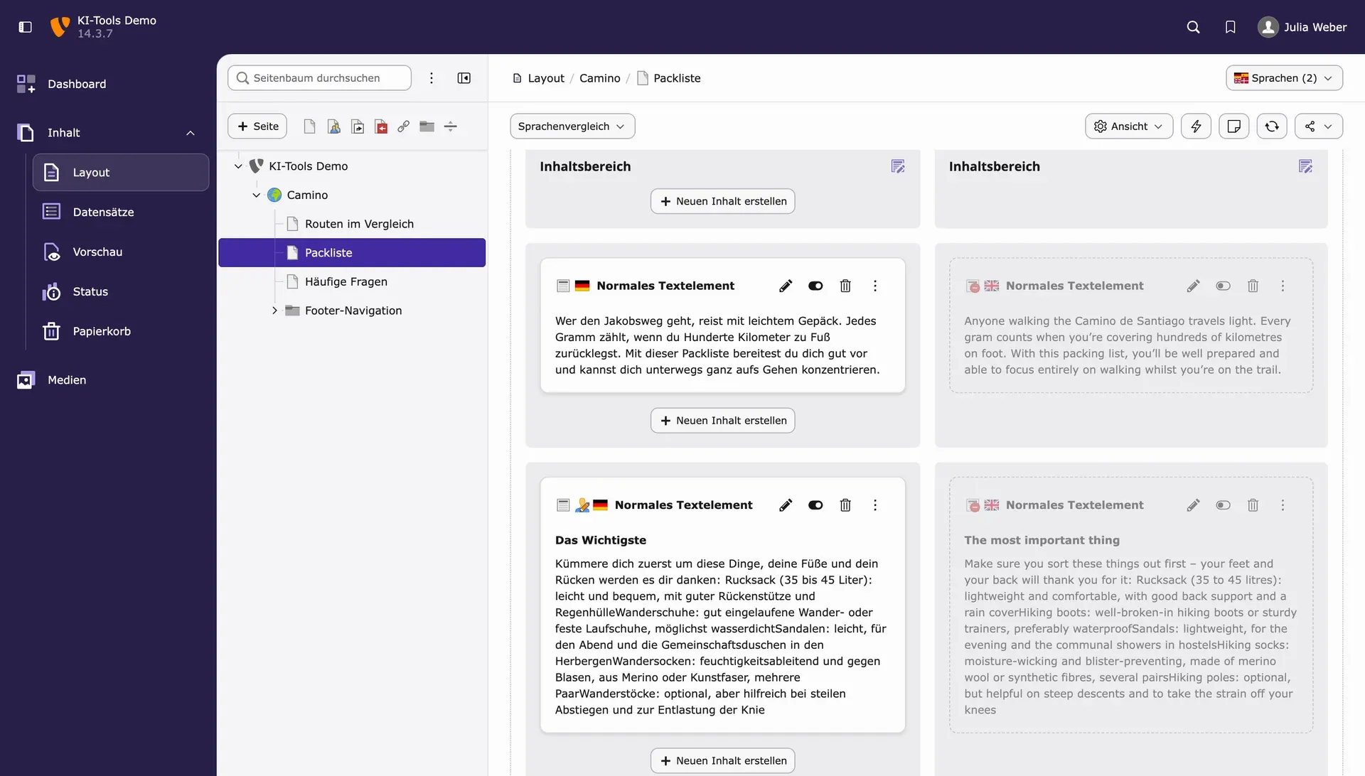 Sprachvergleich in TYPO3 mit deutscher und verborgener englischer Fassung