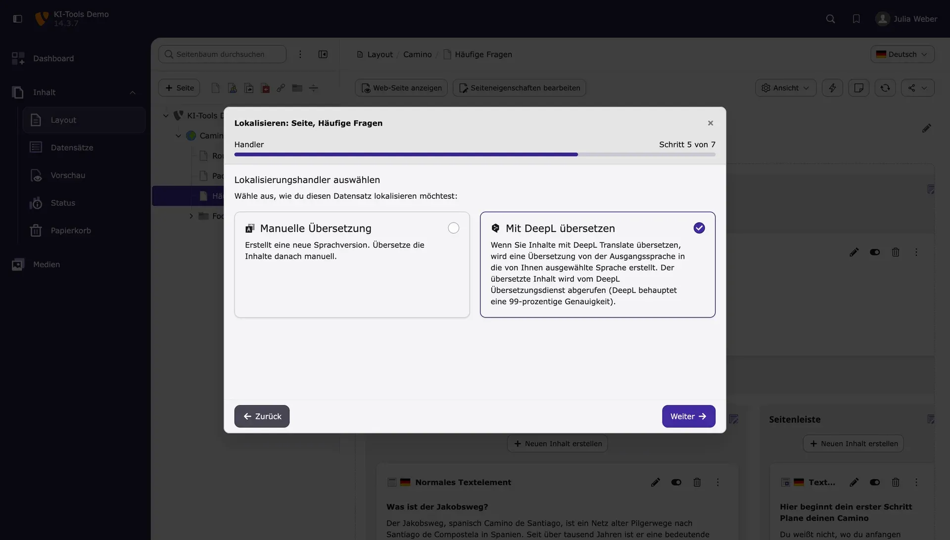 TYPO3-Dialog zum Lokalisieren mit der Option Mit DeepL übersetzen