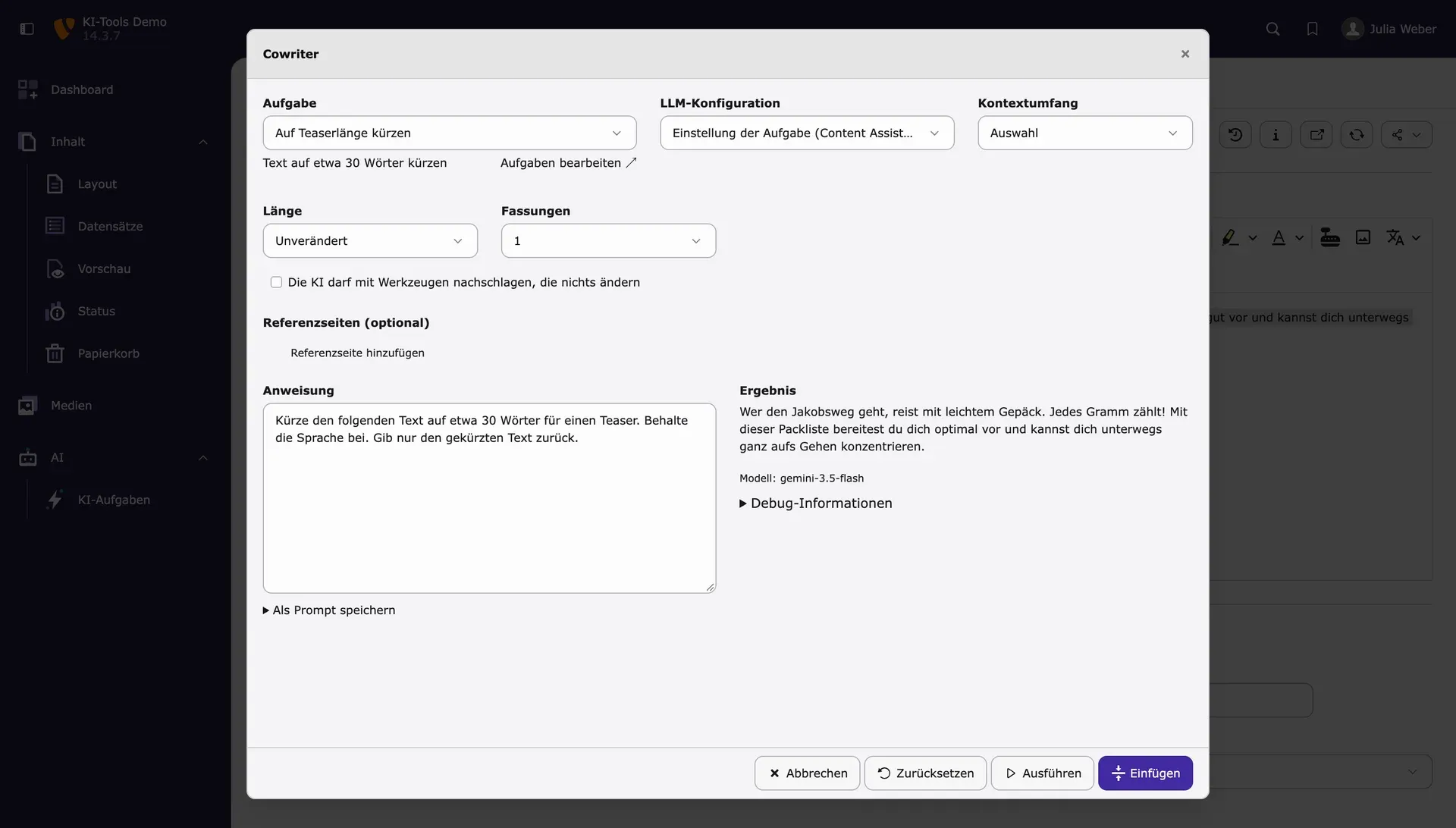 Cowriter-Dialog mit Anweisung und gekürztem Ergebnistext