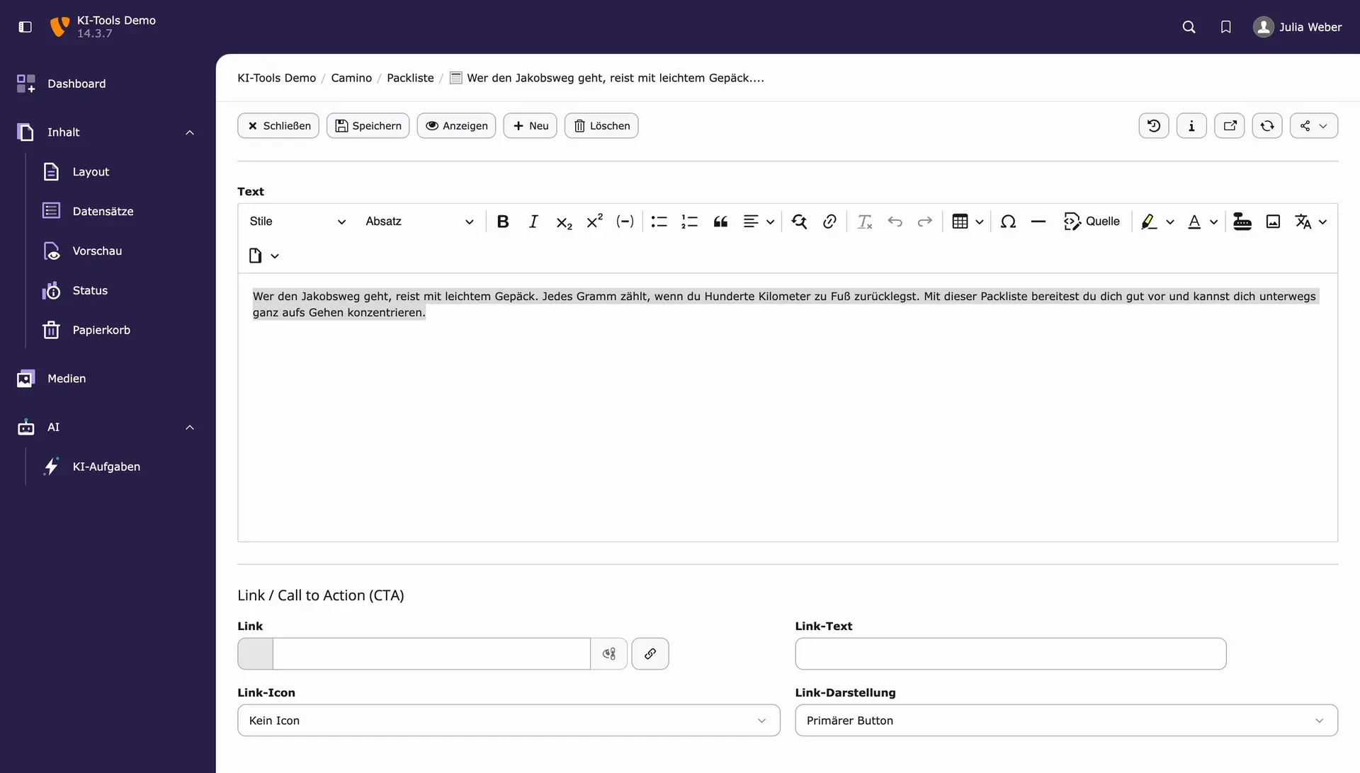 TYPO3-Editor mit markiertem Text und zusätzlichen Cowriter-Schaltflächen in der Werkzeugleiste