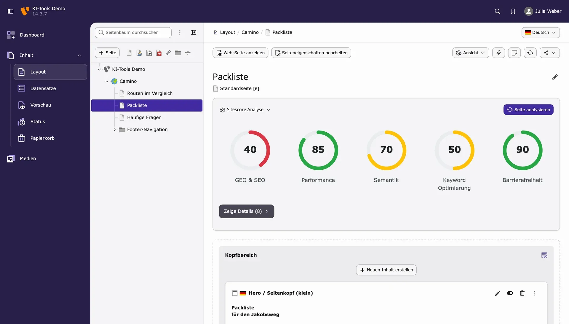 Sitescore-Analyse mit fünf Kreisdiagrammen im TYPO3-Seitenmodul