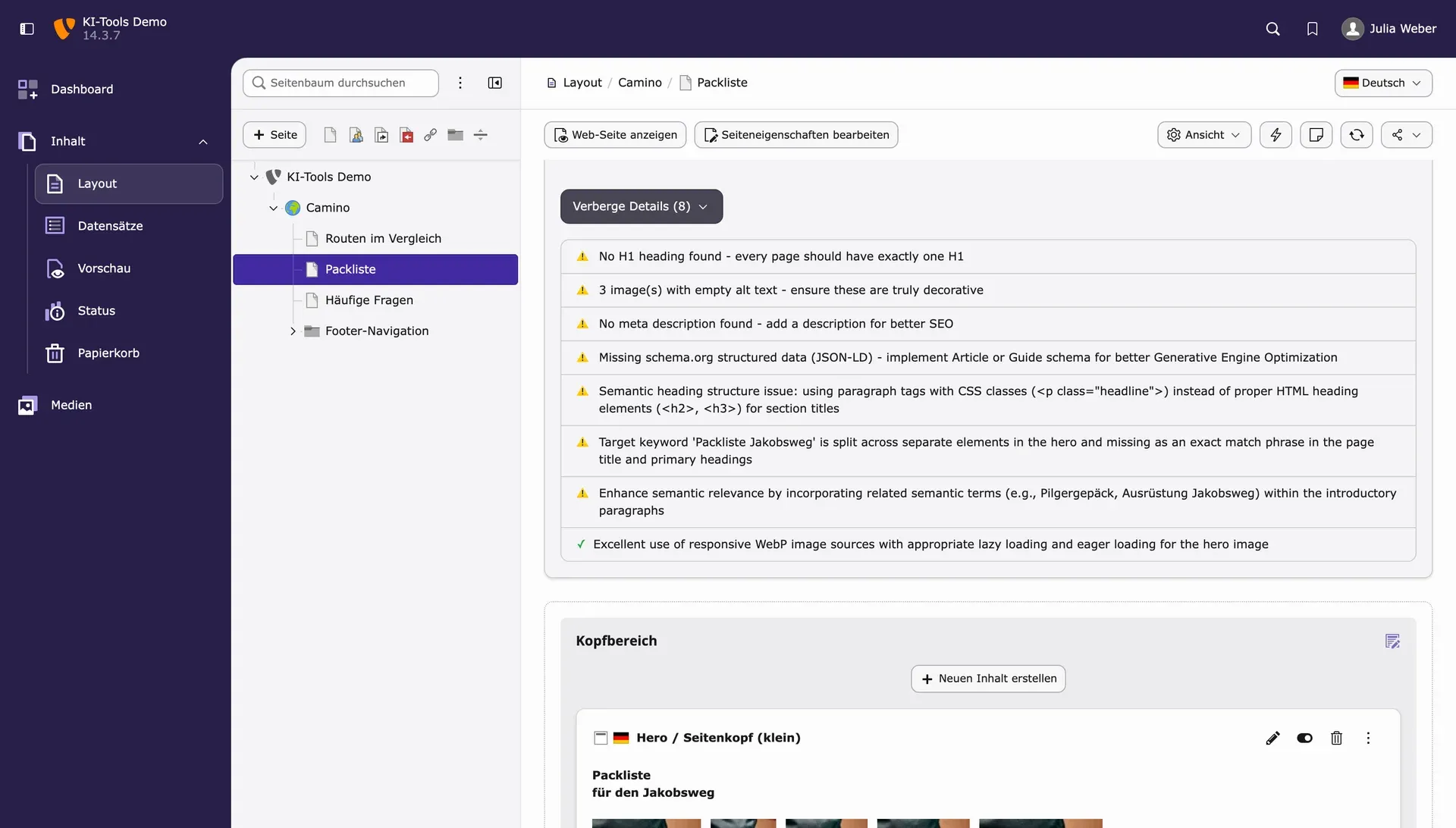 Aufgeklappte Sitescore-Details mit acht Hinweisen zur Seite Packliste