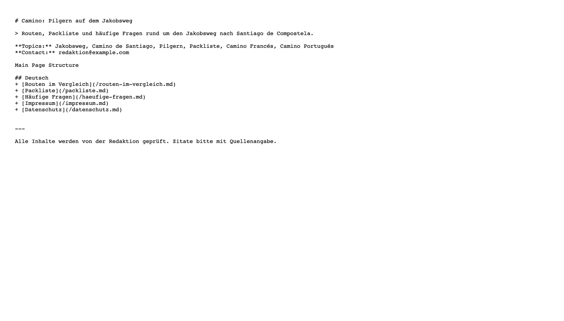 Von AI llms.txt erzeugte Textdatei mit Titel, Themen und Seitenstruktur der Camino-Website