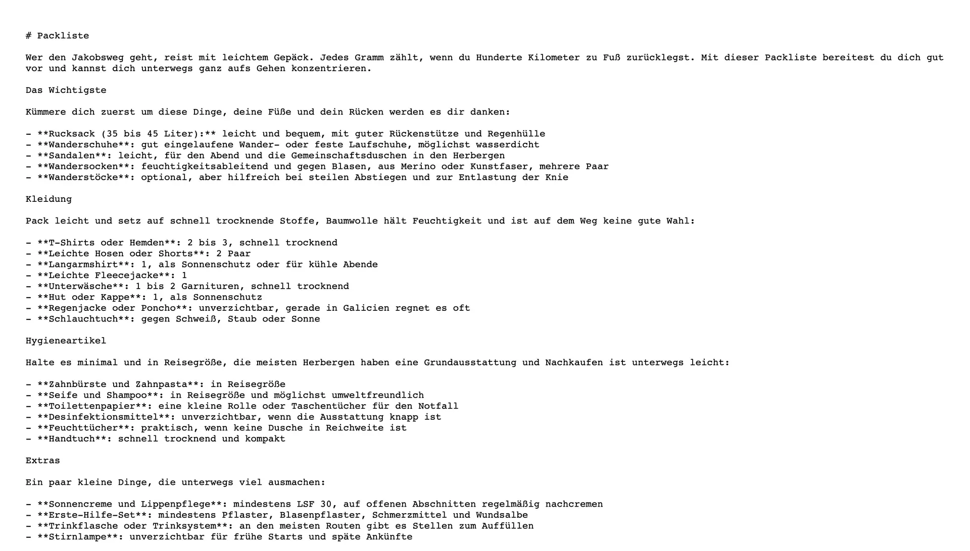 Seite Packliste als schlichter Markdown-Text ohne Navigation