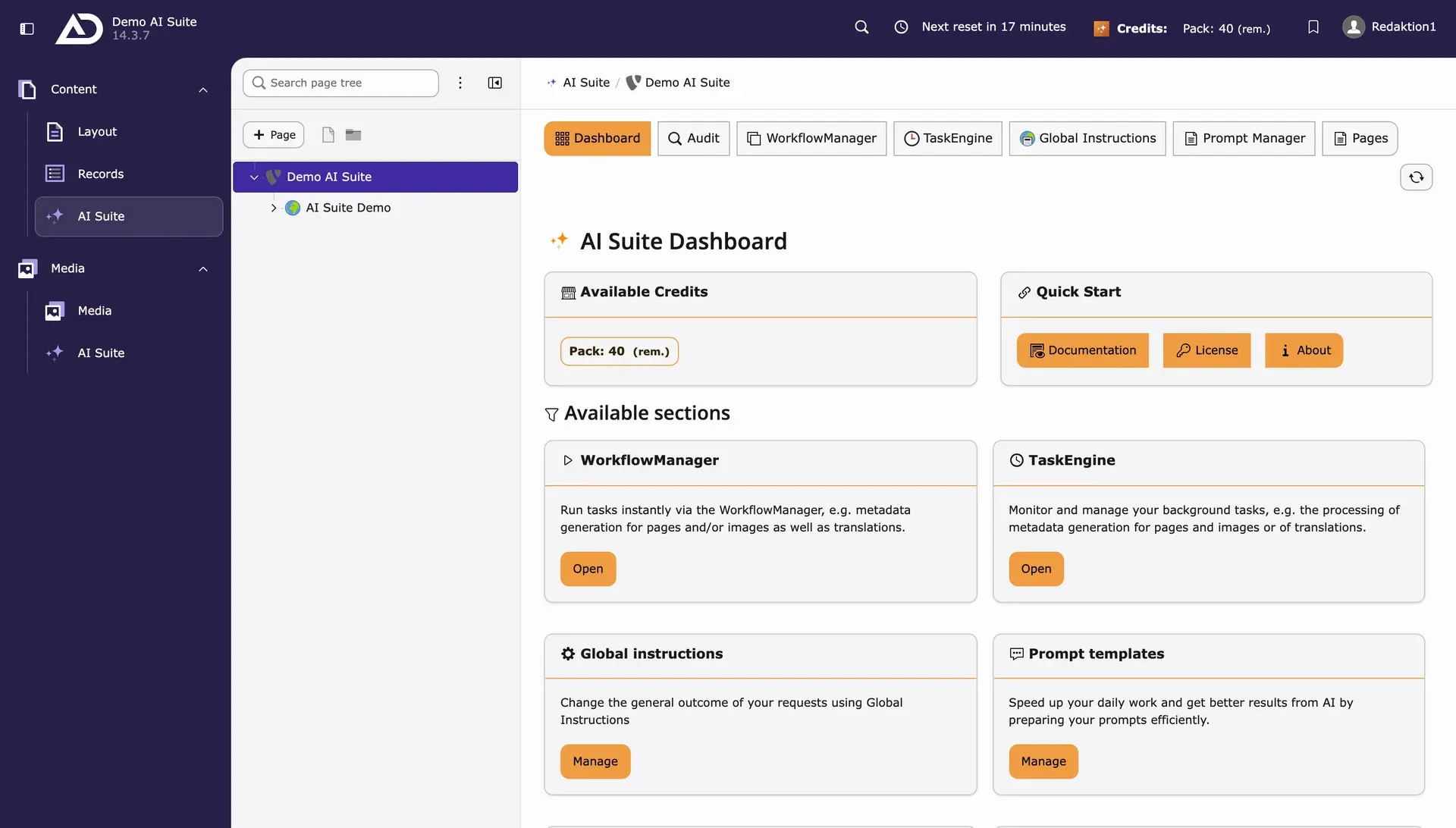 Dashboard der AI Suite mit verfügbaren Credits und Bereichen wie WorkflowManager und TaskEngine