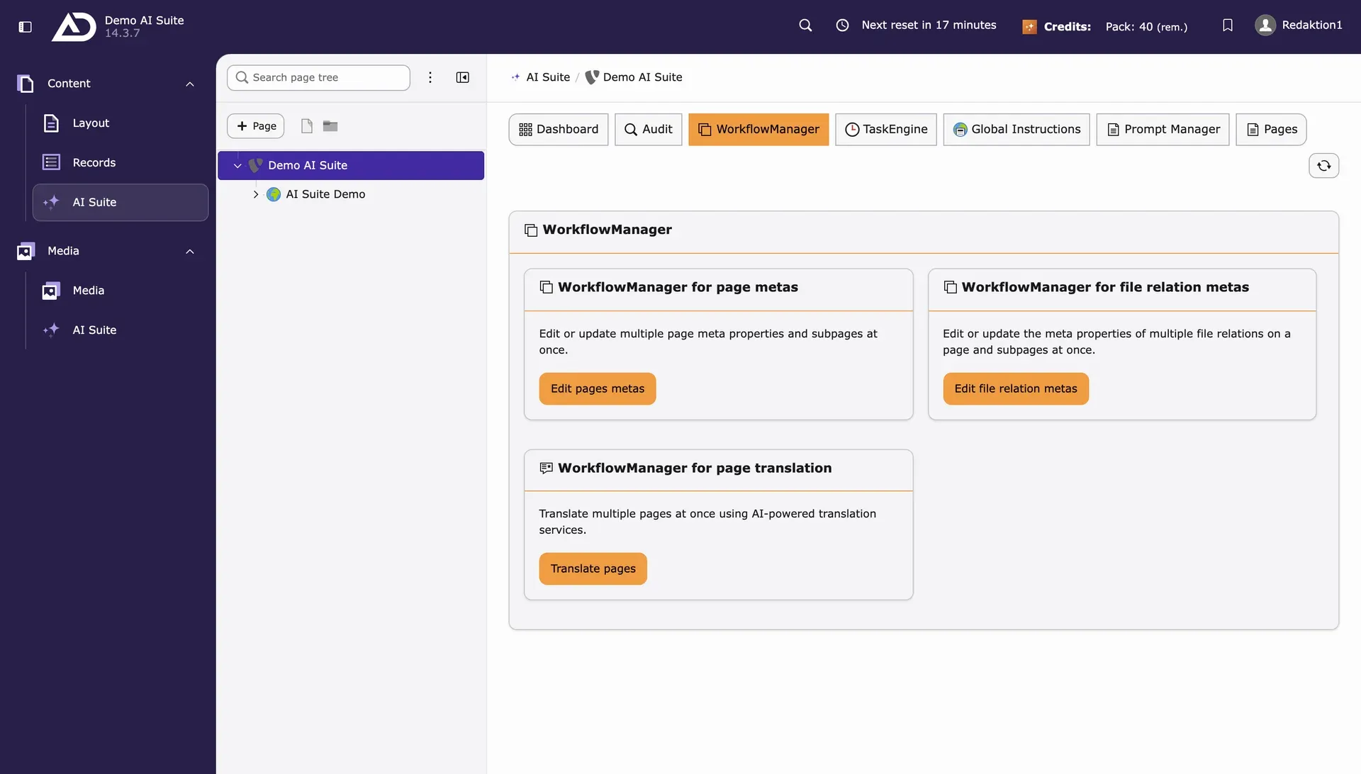 WorkflowManager der AI Suite mit Massenbearbeitung für Metadaten und Übersetzungen