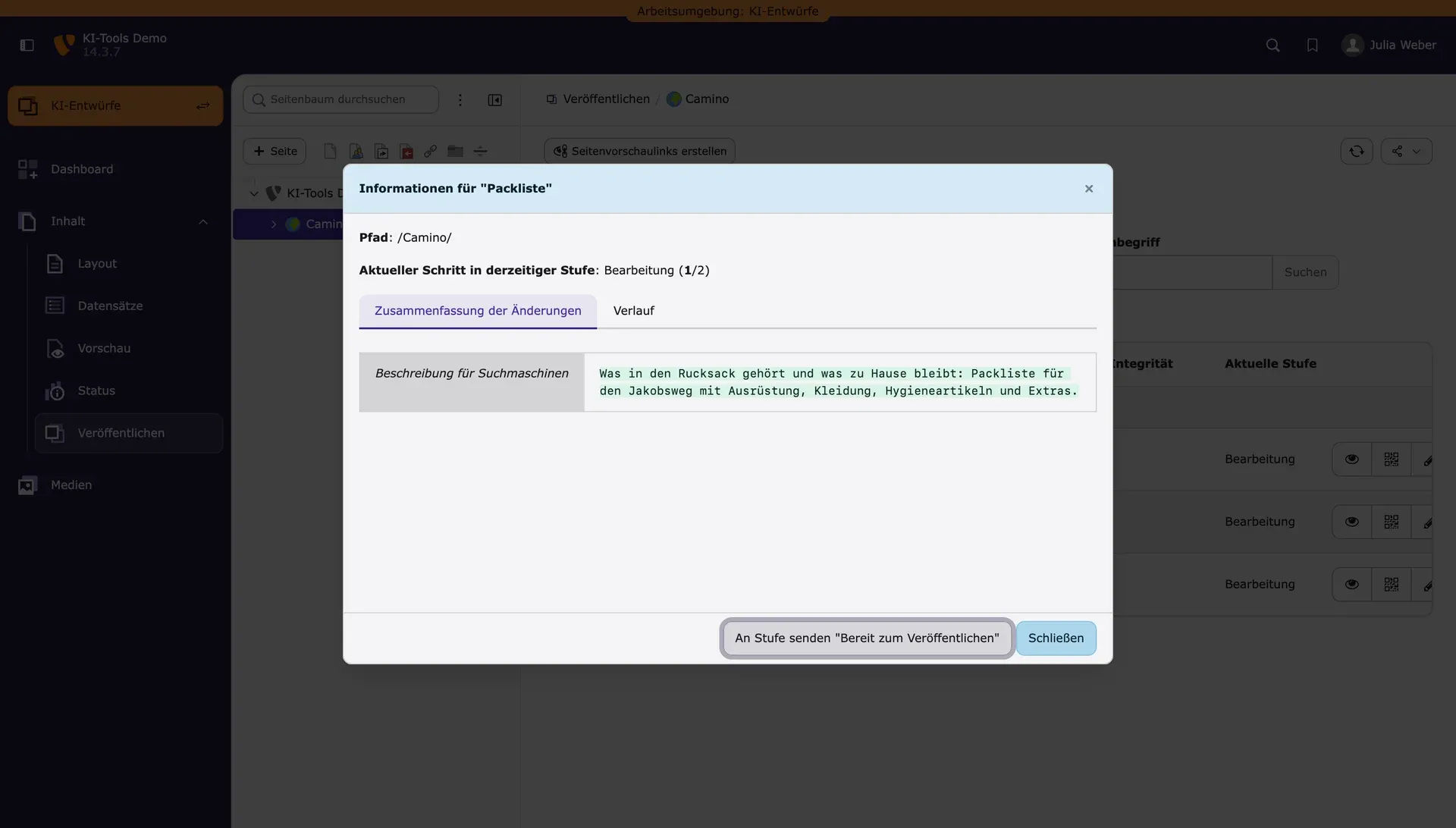 TYPO3-Workspace-Dialog mit der von der KI ergänzten Meta-Beschreibung