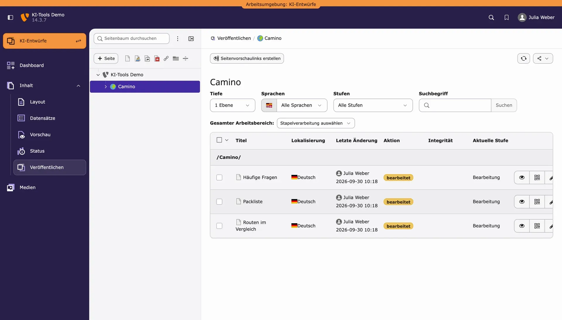Modul Veröffentlichen im Workspace KI-Entwürfe mit drei bearbeiteten Seiten