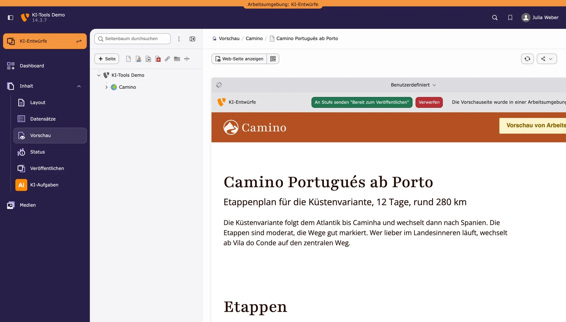 Workspace-Vorschau der neuen Seite Camino Portugués ab Porto mit Überschrift, Einleitung und Abschnitt Etappen