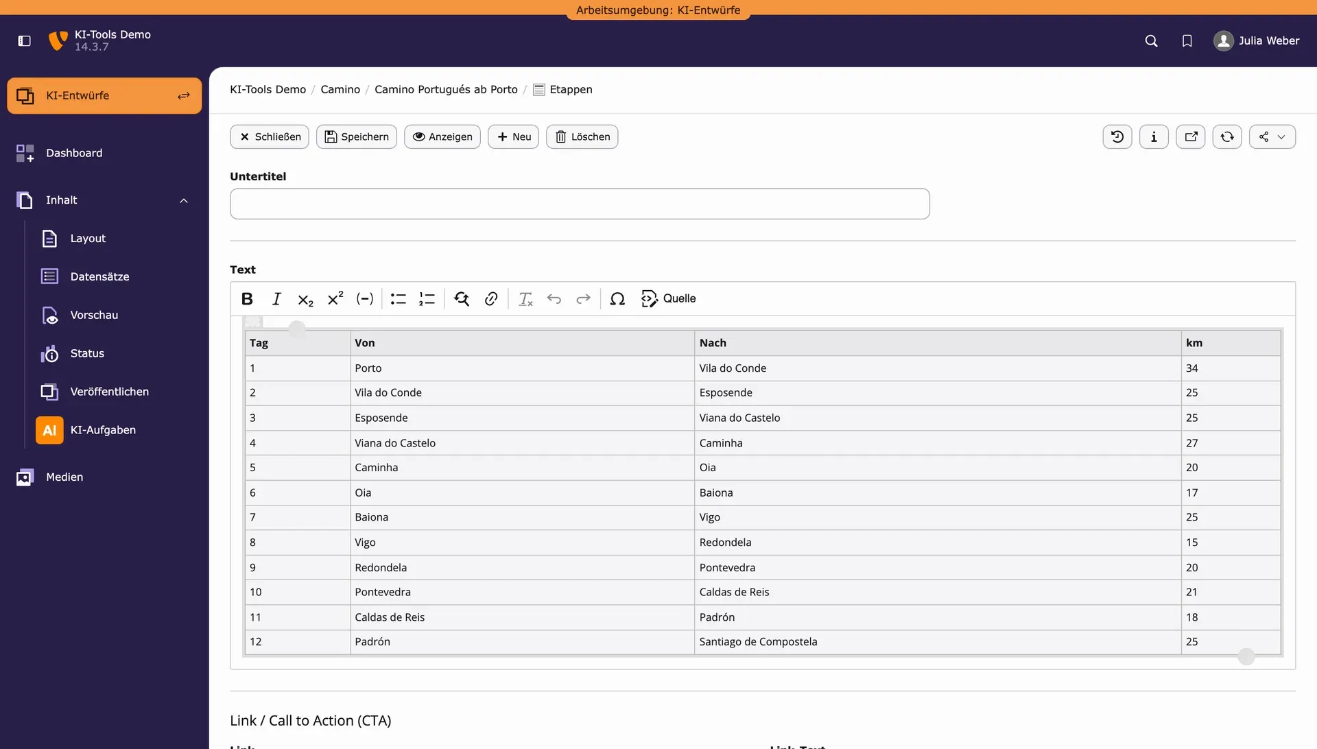 TYPO3-Editor mit einer Tabelle der zwölf Etappen von Porto nach Santiago de Compostela