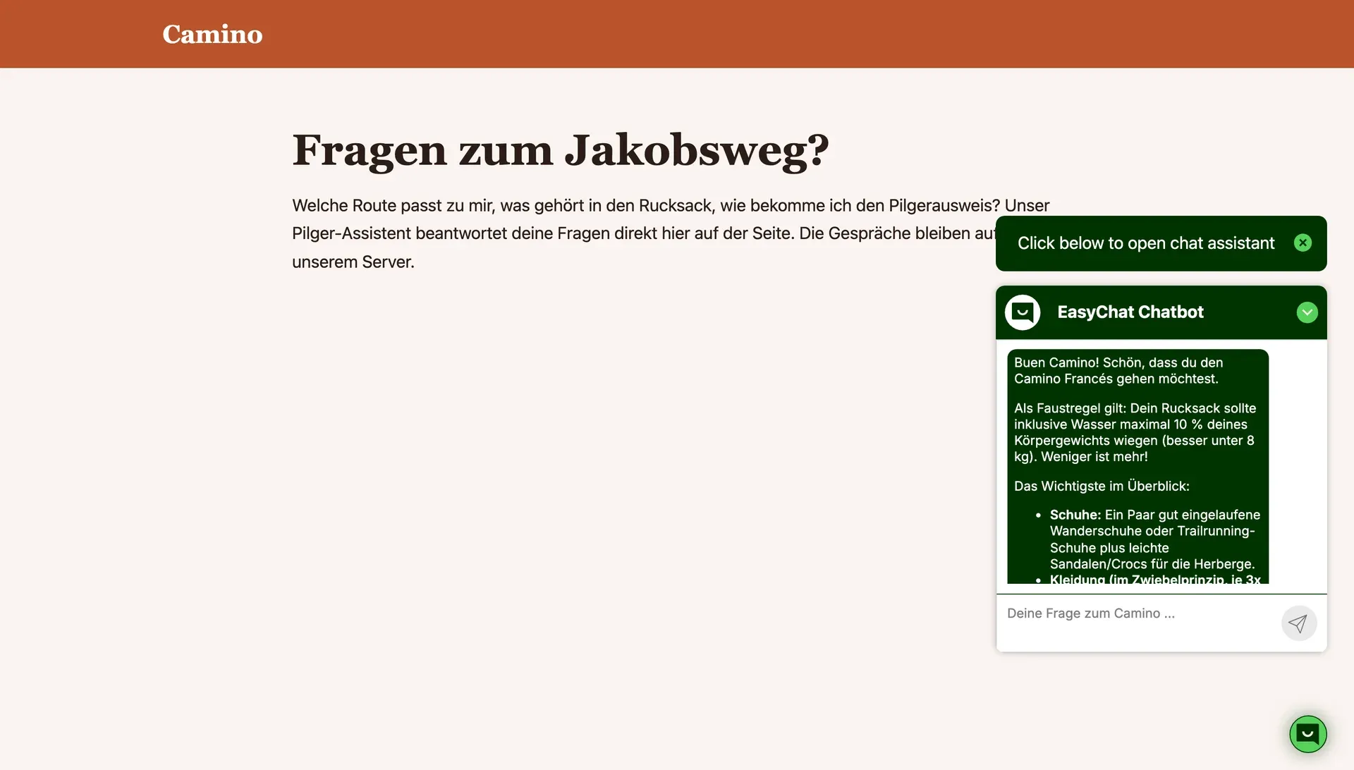 Website mit geöffnetem Easychat-Fenster, das eine Frage zum Gepäck beantwortet