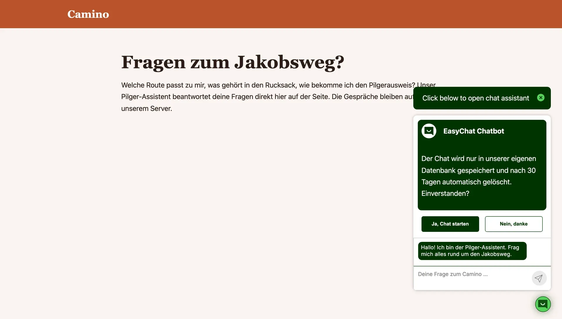 Website Camino mit geöffnetem Easychat-Fenster, das vor dem Chat um Einwilligung bittet