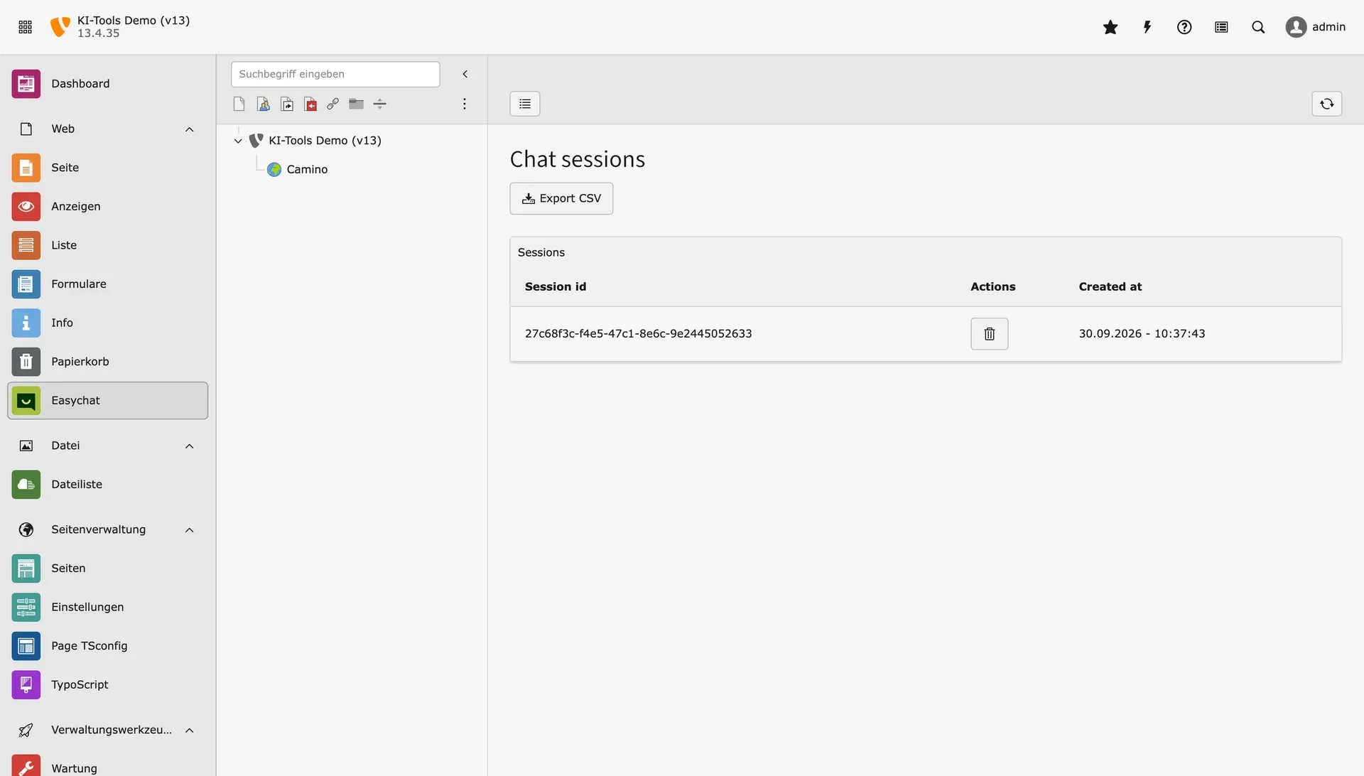 Easychat-Modul im TYPO3-Backend mit Liste der Chat-Sitzungen und Schaltfläche für den CSV-Export