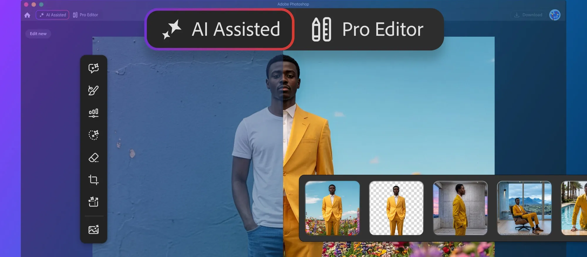 Photoshop mit zwei Modi: links der neue KI-Modus „AI Assisted", daneben der Umschalter zum klassischen „Pro Editor"