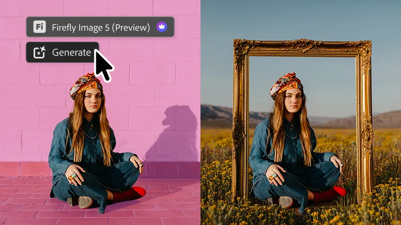 Vorher-Nachher in Photoshop: Firefly Image 5 ersetzt den rosa Studiohintergrund eines echten Fotos durch eine Wiese mit Goldrahmen