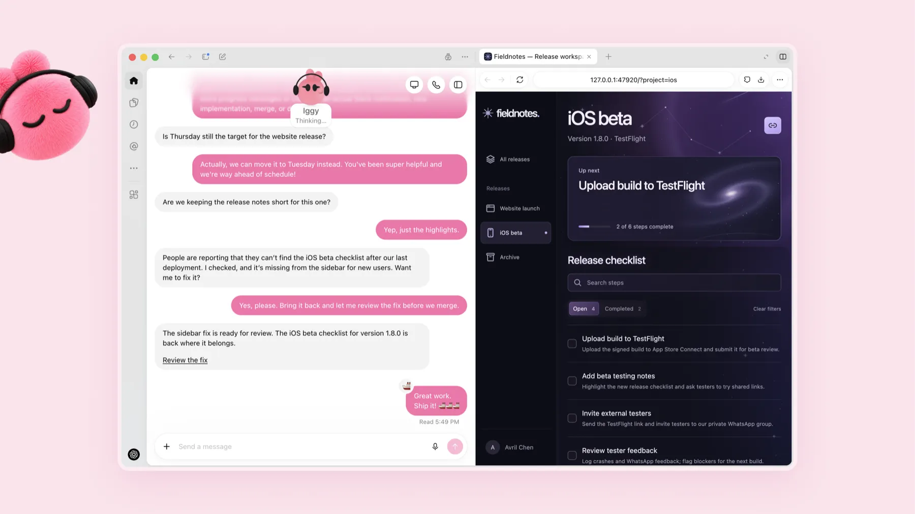 Ein Dot meldet im Chat, dass ein Fehler in einer Checkliste behoben ist