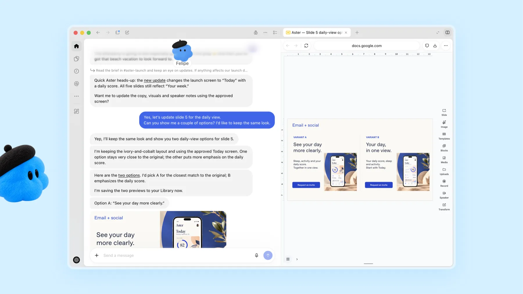 Ein Dot überarbeitet im Chat eine Präsentationsfolie, rechts die Folie in Google Slides