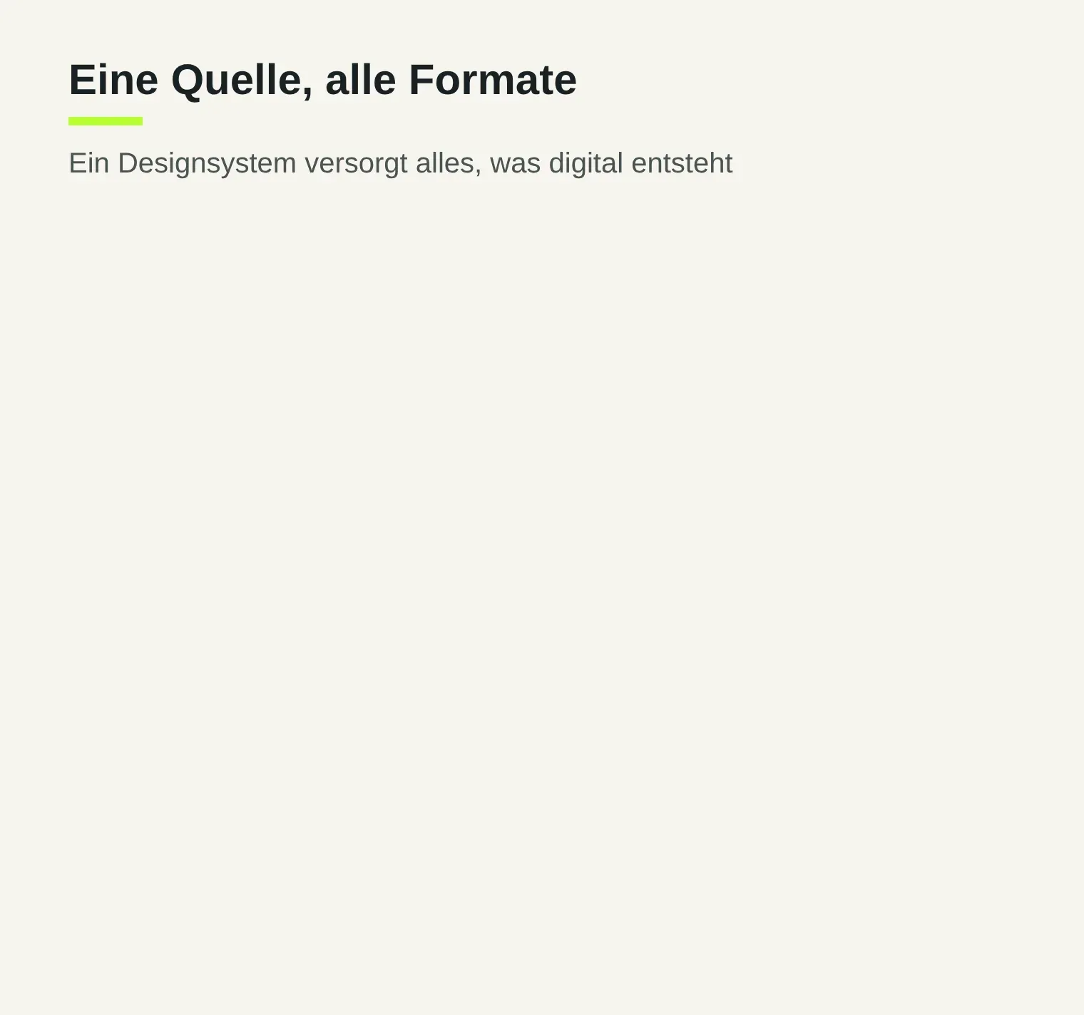 Grafik: Das Designsystem als Kern mit den Ringen Atome, Moleküle, Organismen und Vorlagen. Aus den Vorlagen entstehen sechs Formate: Website und Anwendung, Präsentation, Word-Dokument, Social Media, Diagramme sowie E-Mail und Video