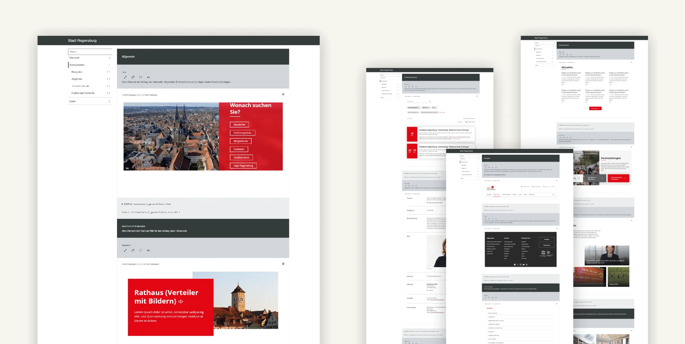 Grafik: Ansichten der Styleguide-Plattform der Stadt Regensburg mit Bausteinen wie Hero-Element, Intro-Element, Navigation, Teaser-Elementen und Veranstaltungsliste, jeweils mit Beschreibung und Code-Beispiel