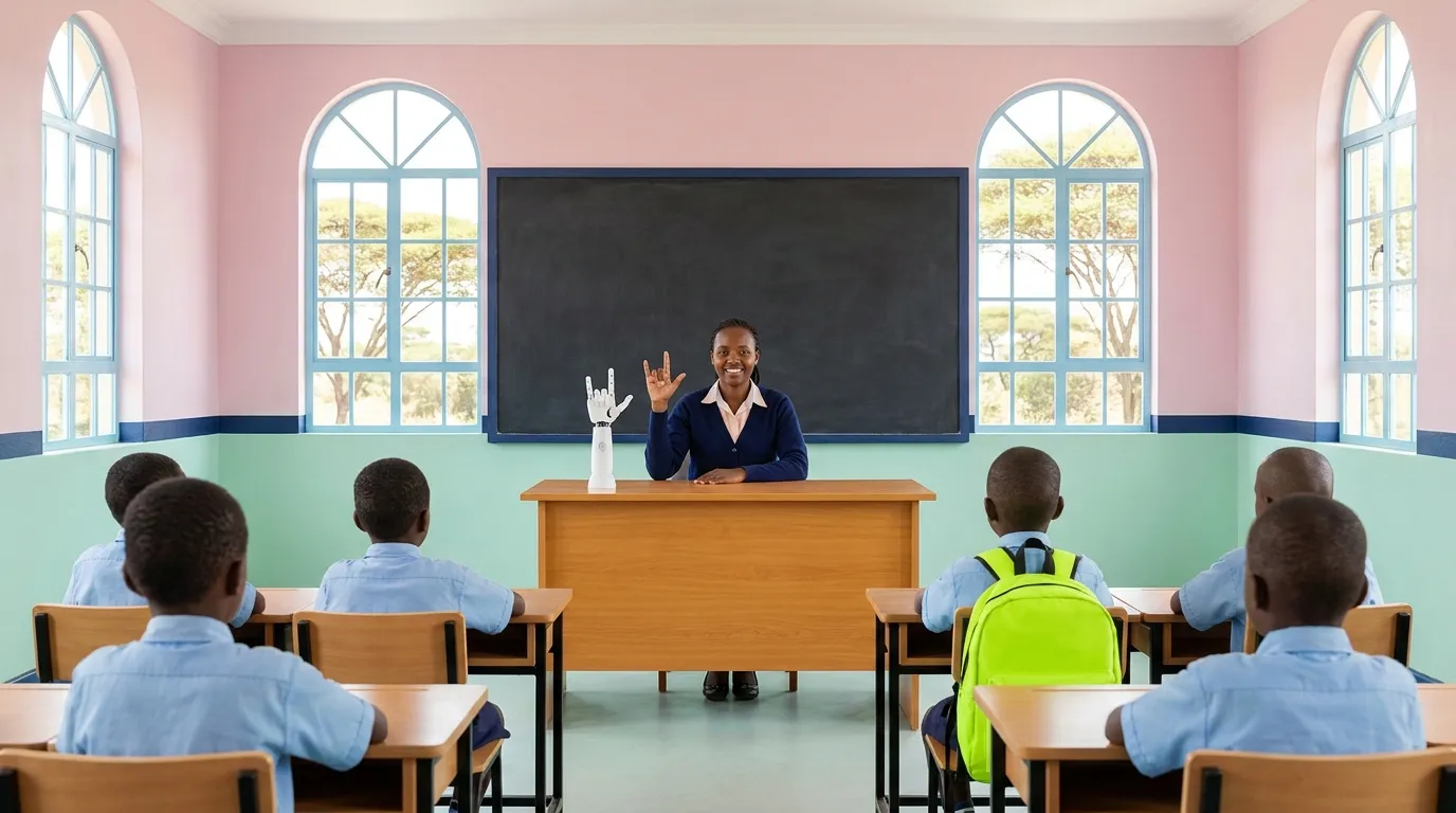Die Roboterhand, die für die Lehrerin gebärdet
