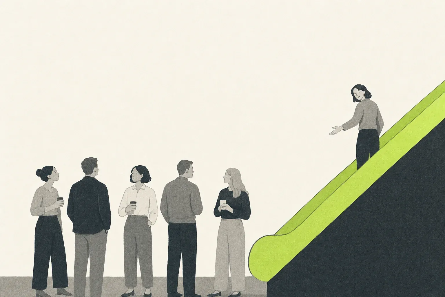 Illustration: Eine Kollegin fährt auf einer hellgrünen Rolltreppe nach oben, dreht sich um und lädt mit der Hand ein. Unten steht das Team mit Kaffeebechern und schaut sich gegenseitig an.