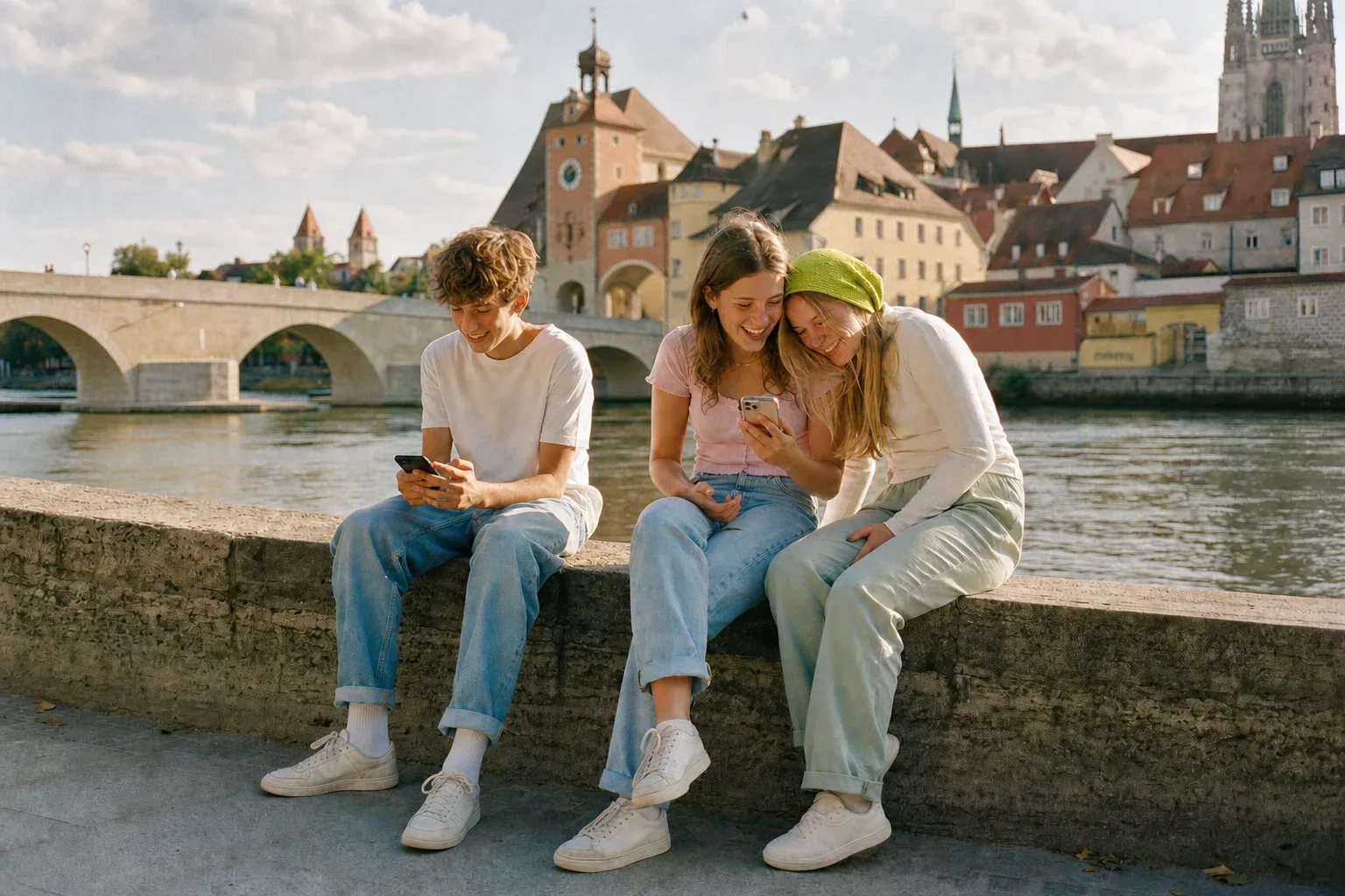 Drei Jugendliche sitzen an einem sonnigen Nachmittag auf der Mauer an der Donau in Regensburg und lachen über etwas auf ihren Handys, im Hintergrund Steinerne Brücke und Altstadt.