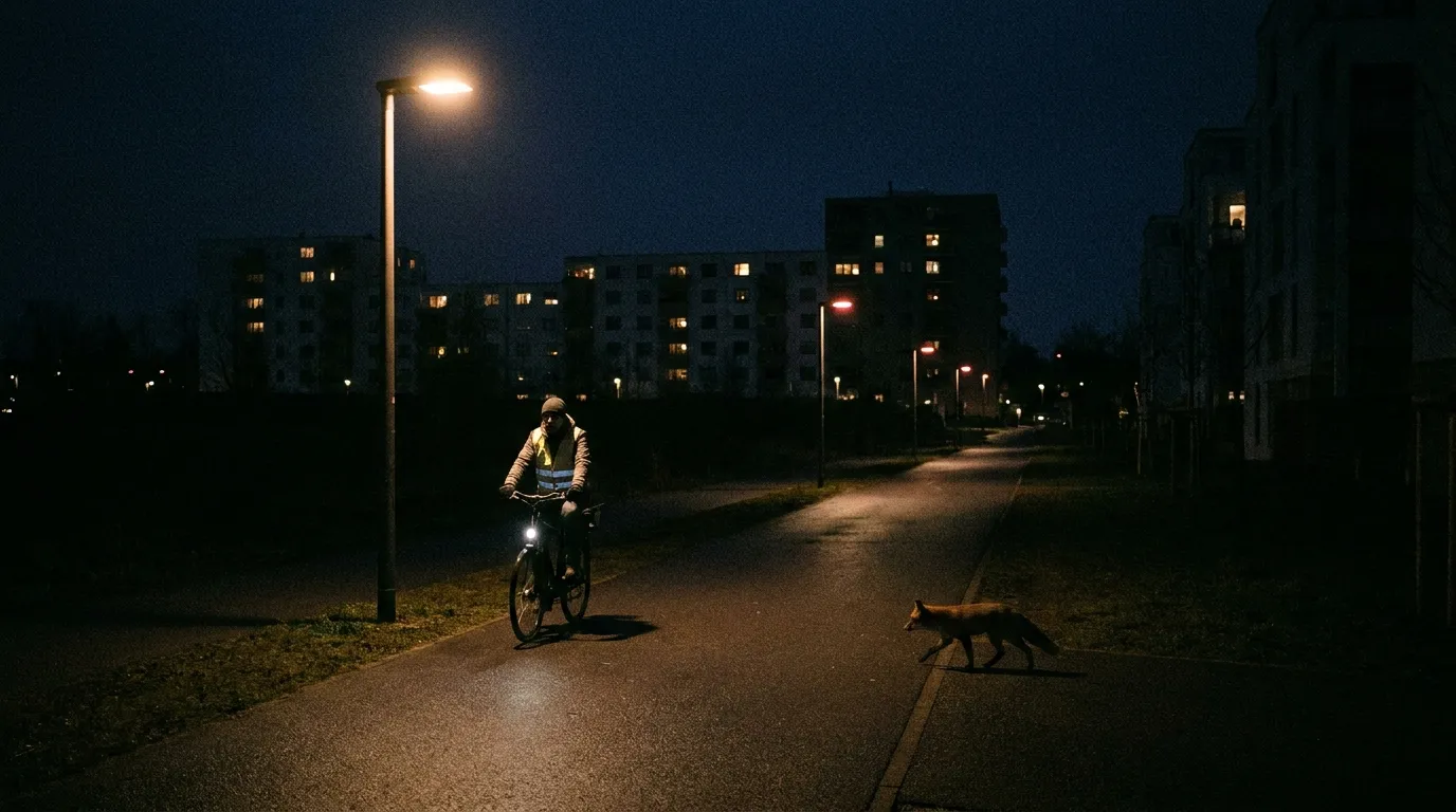 Nächtlicher Radweg: eine Laterne beleuchtet einen Radfahrer, ein Fuchs bleibt im Dunkeln