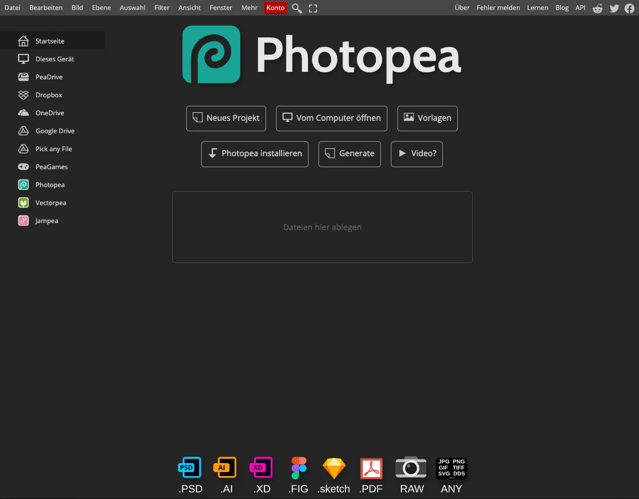 Photopea im Browser: Photoshop-artige Oberfläche mit deutschen Menüs, öffnet PSD-, AI- und RAW-Dateien