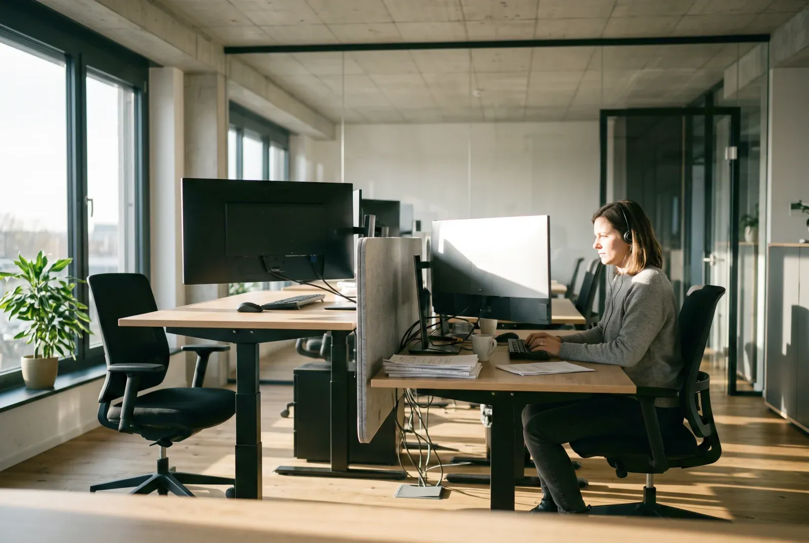 Eine Frau arbeitet am Nachmittag am Bildschirm in einem hellen Büro mit Sichtbeton und Glaswänden; direkt neben ihr steht ein verwaister Arbeitsplatz mit schwarzem Monitor und weggedrehtem Stuhl, hartes Seitenlicht liegt in Bändern auf dem Boden.