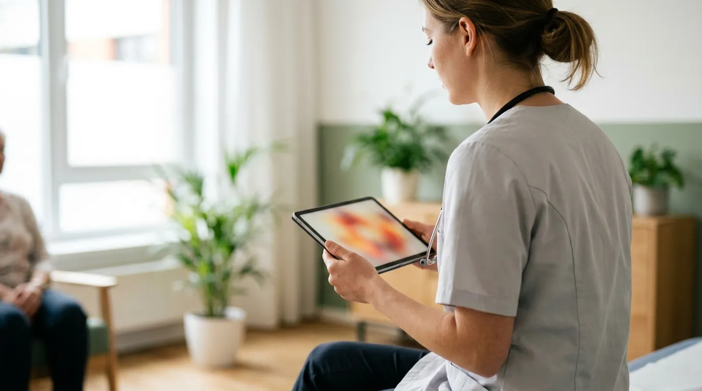 Ärztin betrachtet auf einem Tablet eine unscharfe farbige Wärmekarte