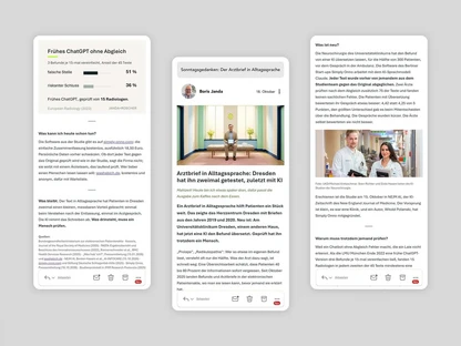 Drei Handy-Ansichten der Sonntagsgedanken: Ausgabe von Boris Janda zum Arztbrief in Alltagssprache mit Titelbild, Infografik und Quellenangaben