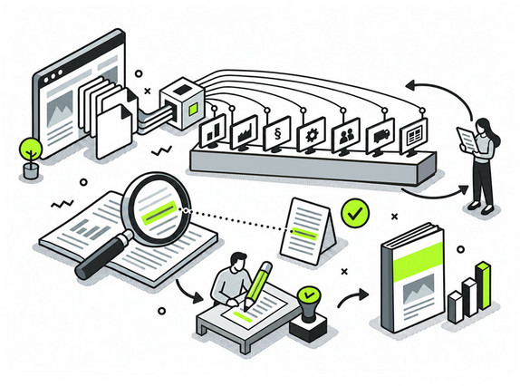 Ablauf eines Quartalsreports: Website wird ausgelesen, sieben Rechercherollen, Gegenleser, Quellenprüfung, Lektorat und fertiger Report